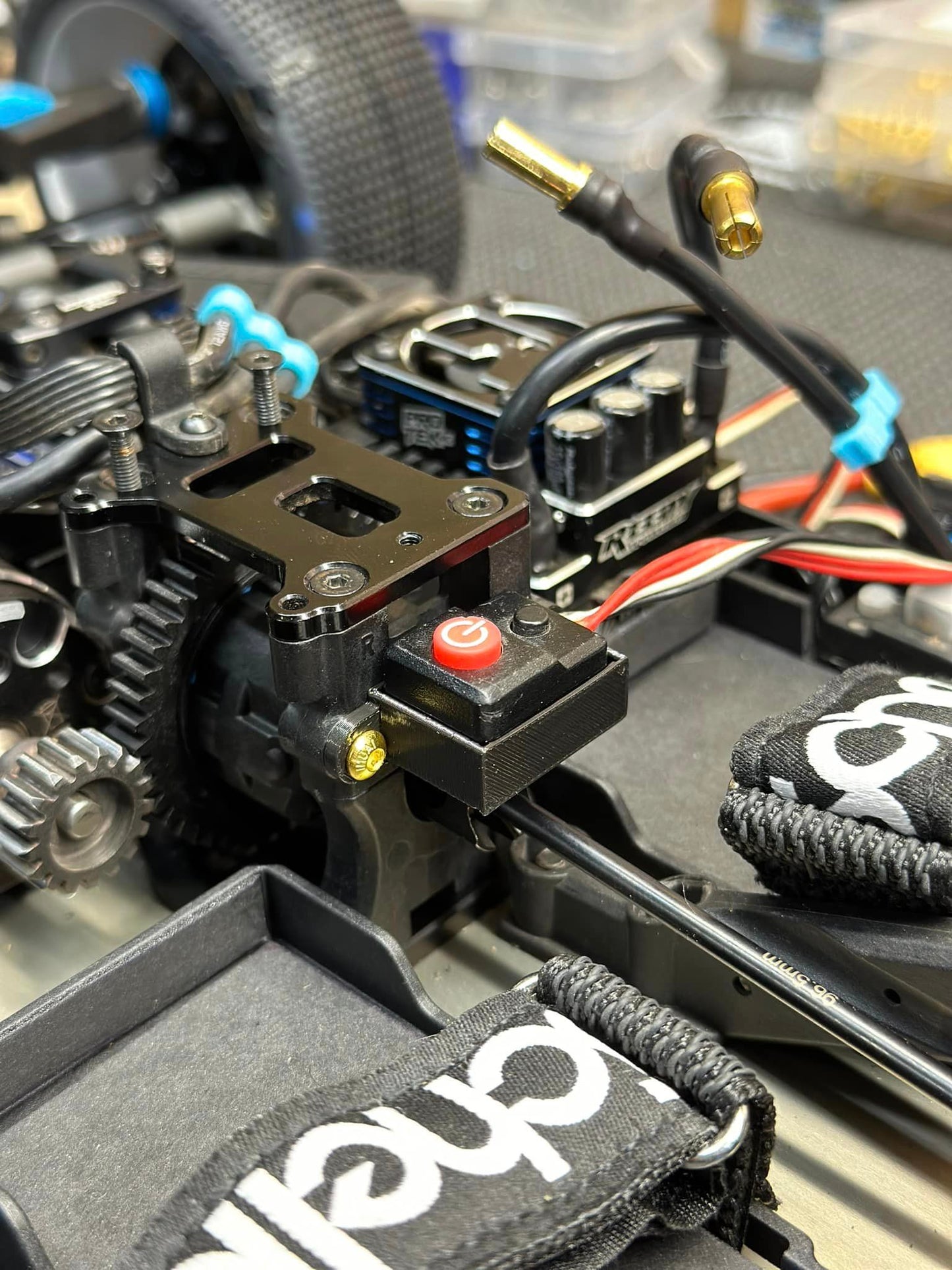 Smaller sized hobbywing switch mount for rc8b4/t4 series.